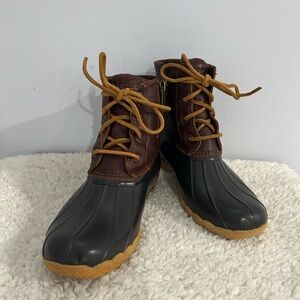 Sperry's Women's Sz 7 Saltwater Lace Up Leather Duck Boots Tan & Dark Brown